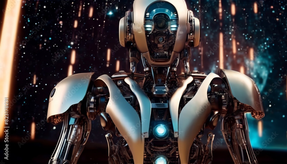 Poster advanced humanoid robot featuring reflective surfaces and blue lighting, set against a backdrop of i