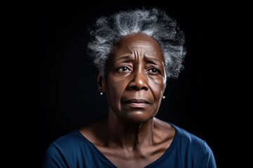 Black background sad black american independant powerful Woman realistic person portrait of older mid aged person beautiful bad mood expression Isolated