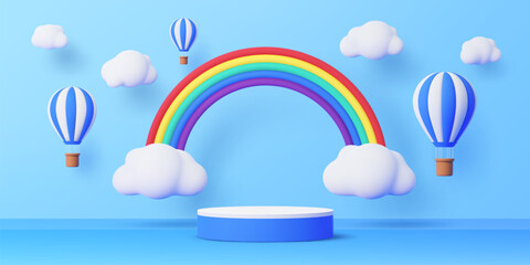 Kids podium with hot air balloons, sky clouds and rainbow. 3d vector summertime background in cute childish toy style with round stage or pedestal under blue cloudy sky with floating air balloons