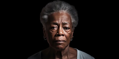 Black background sad black american independant powerful Woman realistic person portrait of older...