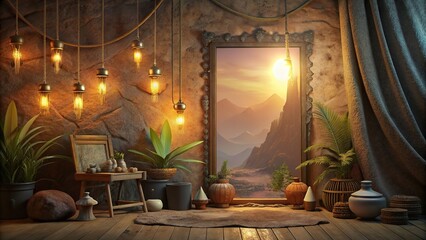 Mockup frame hanging in a nomadic boho interior with rustic decor, render