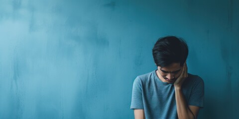 Blue background sad asian man realistic person portrait of young teenage beautiful bad mood expression boy Isolated on Background depression anxiety fear 