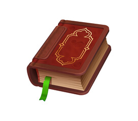 Game book, isolated cartoon vector wizard or sorcerer grimoire, witch diary, recipes or knowledge. Closed spell game book bound in brown old leather cover with golden decor and green sticking bookmark