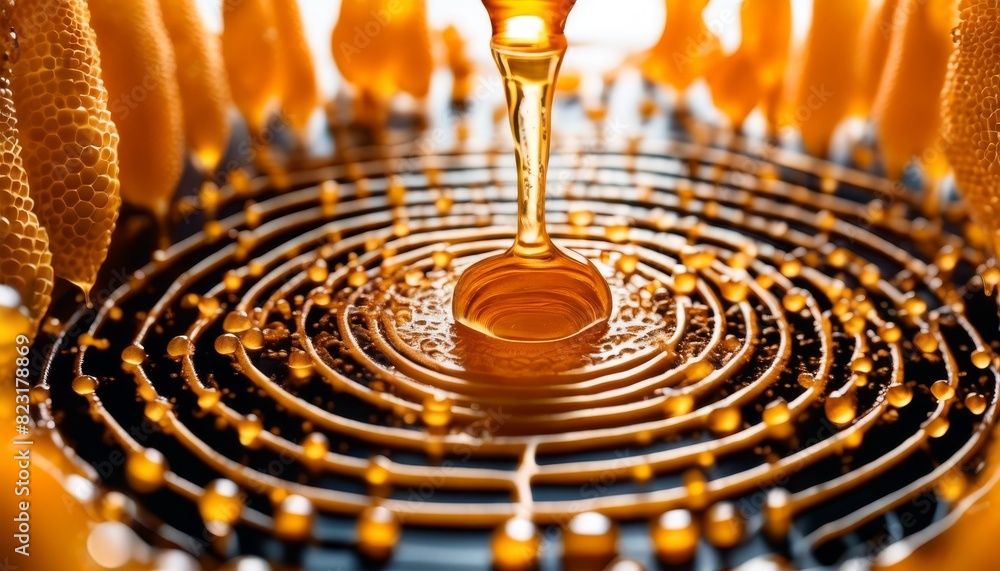 Poster image showcasing a viscous stream of golden honey precisely dripping down a honeycomb grid, emphasiz