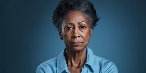 Blue background sad black american independant powerful Woman realistic person portrait of older mid aged person beautiful bad mood expression 