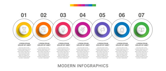 Modern infographics vector template. Cyclic infographic with seven circles. Timeline design template with 7 options, steps, and parts. Flat illustration for business.