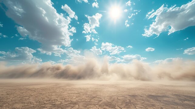 AI-generated photo of a beautiful landscape with a blue sky and white clouds. The foreground is a desert with a sandstorm in the distance.