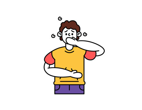 recommend clip art: illustration of a man covering his mouth because he wants to vomit. headache, stomach ache, and feeling like vomiting. health problems. outline style character illustration design. graphic elements