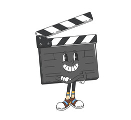 Groovy movie clapperboard character. Isolated cartoon vector anthropomorphic cinematography clapboard. Playful retro cinema personage with a smiling face, and crossed arms, wearing trendy sneakers