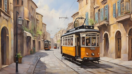 Tram in old city, oil paintings landscape.