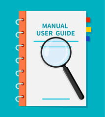 User guide, guidebook manual instruction. Vector ring-bound user service book with a magnifying glass over it, suggesting detailed examination or guidance, help, customer support and information data