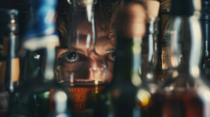 A person hiding behind bottles of alcohol.