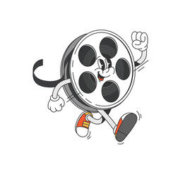 Groovy movie film character. Isolated cartoon vector classic filmstrip reel cinema personage with smiling face and animated limbs, wearing sneakers, carefree walking and striking dynamic, joyful pose