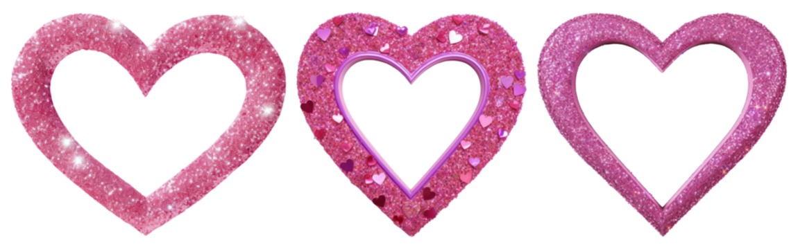 Pink Glitter Heart Frames png element set on transparent background - Powered by Adobe
