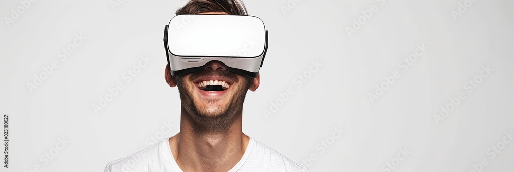 Fototapete A man joyfully explores a virtual world while wearing VR goggles, set against a white background. Generative AI