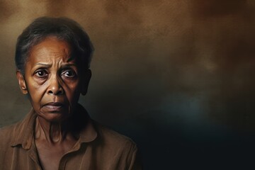 Bronze background sad black american independant powerful Woman realistic person portrait of older mid aged person beautiful bad mood expression 