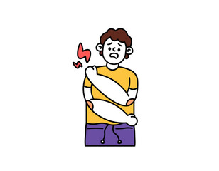 Illustration of a man holding his shoulders because of pain. shoulder pain due to injury. pain in the shoulder joint. stiff or tense muscles. health problems. Outline Style Character Illustration