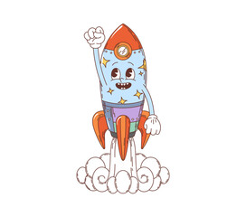 Cartoon groovy space rocket character. Isolated vector funny launching spaceship personage flying up with a smile, smoke and raised hand. Symbol of business startup or interstellar galaxy travel