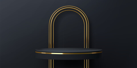 Golden arch with black podium for product stage or display pedestal, vector mockup. Round podium platform with golden arch frame and gold bezel for luxury product showcase or display background