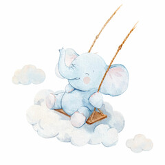 Beautiful childish watercolor hand drawn illustration with cute baby elephant. Kid's clipart print. Stock baby illustration.