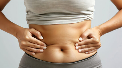 A woman with extra weight is pinching the loose skin on her belly. Her belly is full of cellulite and fat. She has a lot of extra fat on her body.