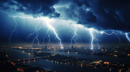 Thunderous Night: Lightning Over Urban Skyline