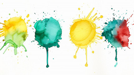 Set of yellow, green, turquoise, wein red vectorized round watercolor splashes.