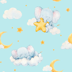 Beautiful childish watercolor hand drawn seamless pattern with cute baby elephants. Kid's clipart print. Stock baby illustration.