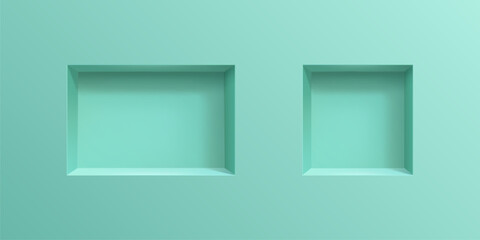 3D wall niches. Realistic vector two empty boxes or shelves on mint colored background. Shop, gallery showcase mockup for product presentation. Blank retail storage, exhibit space, interior bookshelf