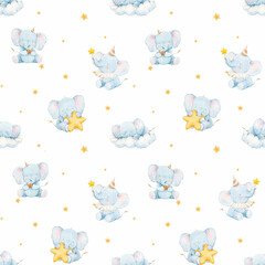 Beautiful childish watercolor hand drawn seamless pattern with cute baby elephants. Kid's clipart print. Stock baby illustration.