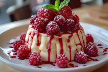 Rote Grütze - Red berry pudding topped with vanilla sauce. 