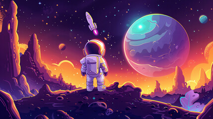 Cute cartoon illustration of a little astronaut exploring the cosmos with a spaceship in the background