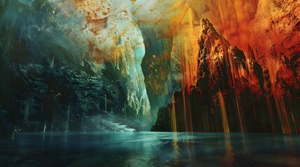 Majestic Fiery Cavern: Stunning Blend of Lava and Ice in a Mystical Underground World