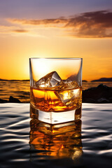 Whiskey Glass with Ice against Sunset Ocean View