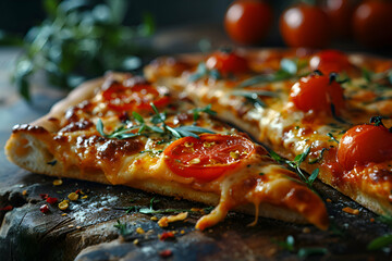 Pizza with tomatoes. mozzarella cheese and herbs on a dark background.