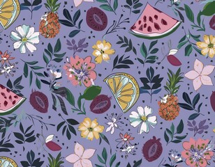 Abstract cute fruits and flowers pattern. Collage playful contemporary print. Fashionable template for design