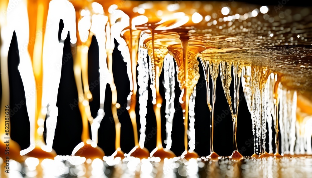 Poster abstract design featuring thick golden caramel threads dripping over a dark background, creating a l