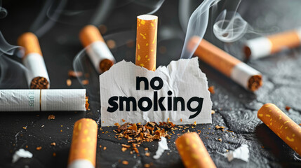 Broken cigarettes form a "no smoking" sign, visually conveying the negative consequences of smoking.