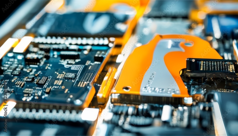 Poster close-up of an orange computer motherboard showcasing detailed circuits, chips, and capacitors in hi