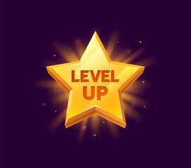 Level up rank star, game reward, rate icon. Isolated cartoon vector golden glowing pop up badge, award ui medal, shiny rank achievement. Rating bonus star, winner or champion tournament appreciation