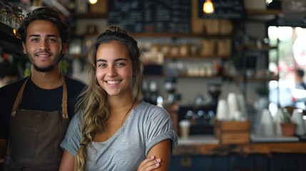 Woman and man young business in a coffee shop to background, smiling looking at camera. Generative AI.