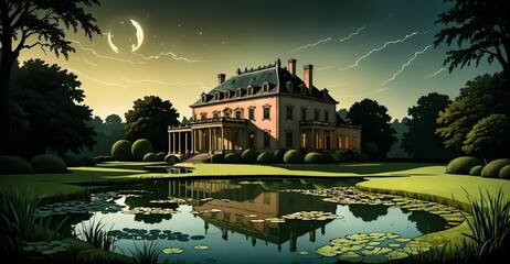 palace mansion by river lake pond in green forest woods under blue sky and clouds in summer. open field meadow secluded castle.	