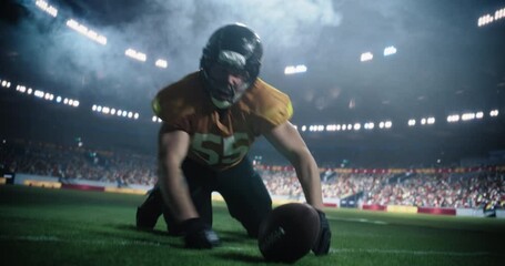 Portrait of a Powerful Footballer Running to Score a Goal, Jumping Over the End Zone to Make a Touchdown. Excited American Football Player Celebrating in Victorious Fashion, Flexing Muscles