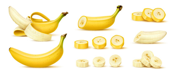 Realistic banana fruit. Whole, half and cut slices 3d vector set. Exotic tropical fruits reveals creamy, soft flesh and vibrant yellow peel. Vegan food, healthy vitamin, peeled and unpeeled circles