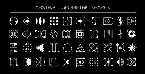 Abstract geometric brutalism figures, y2k futuristic shapes of monochrome circles, triangles and squares. Vector modern line art forms and figures grid, arrows, sun, zigzag and star shapes