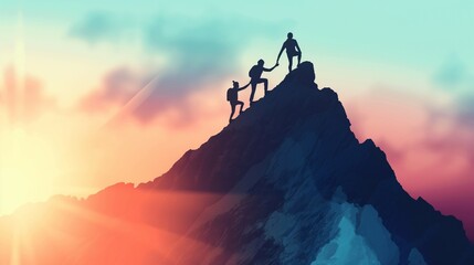 Fototapeta premium Three people holding hands and working together to climb a mountain