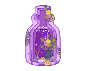 Lavender cosmetic oil paper cut banner for Provence skincare products, vector label. Lavender cosmetics emblem in paper cut essential oil bottle with flowers, aromatherapy candle and soap for skincare