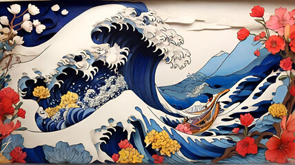 Hokusai The Great Wave Of Kanagawa adult coloring page painting art print illustration.