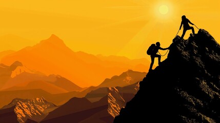 Two people holding hands and working together heading to the top of a mountain where the sunrise rises