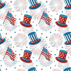 Obraz premium 4th of July festive seamless pattern with top hats, fireworks and flags on a white background. Independence Day, Patriotic cartoon wrapping.